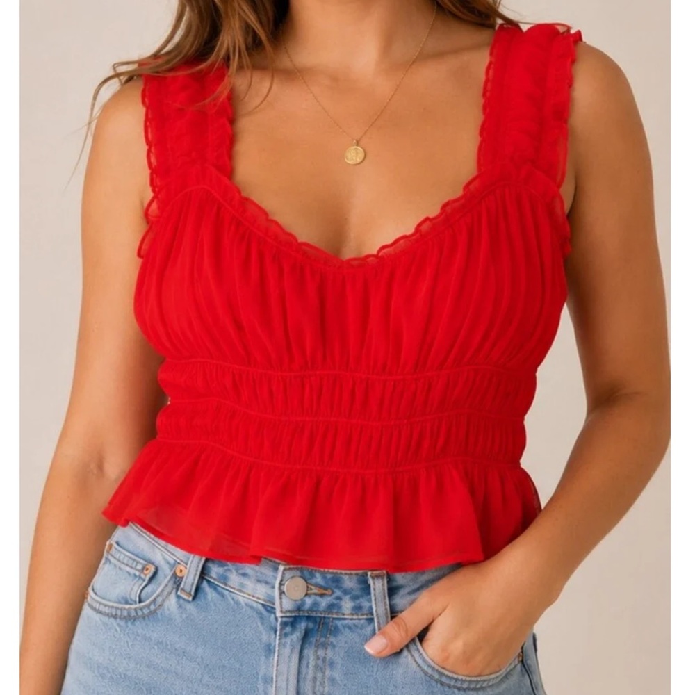 ASTR THE LABEL RED SHIRRED CROP TOP SIZE SMALL